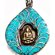 Eredeti tibeti buddhista réz buddha medál türkizzel, bodhifa levélen