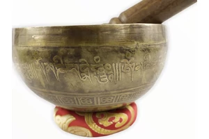 580 grammos tibeti mantrás hangtál 7 fémből piros színű brokáttal és ütővel - videoval