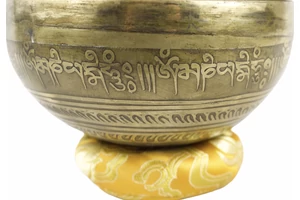 504 grammos tibeti mantrás hangtál 7 fémből sárga színű brokáttal és ütővel - videoval