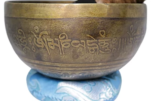 276 grammos tibeti mantrás hangtál 7 fémből türkiz színű brokáttal és ütővel - videoval