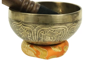 328 grammos tibeti mantrás hangtál 7 fémből készült, sarga brokáttal - videoval