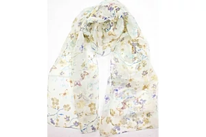 Tündérfehér alapon virág és pillangó mintás 100% valódi hernyóselyem sál 50 x 180cm