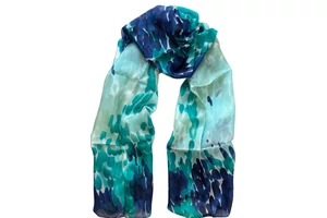 Türkiz, amazonaszöld, tengerészkék és habfehér mintás 100% valódi hernyóselyem sál 50x180cm