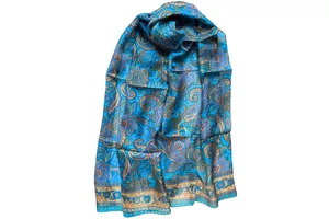 Kobaltkék alapon paisley mintás 100% valódi hernyóselyem sál 100x180 cm