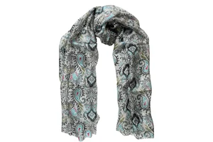 Ébenfekete modern paisley mintás 100% valódi hernyóselyem sál 100x180 cm