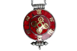 Tibeti gao nyitható korallos medál Dupla Dordzse szimbólummal, ovosi fém nyaklánccal