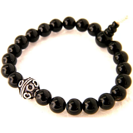 21 szemes onyx mala, karmala, csukló mala, gumis, fehér fém díszítő szemmel és onyx guru szemmel