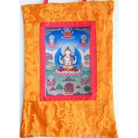 Tibeti buddhista Csenrézi tangka fotója brokát keretbe varrva