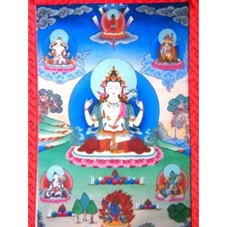 Tibeti buddhista Csenrézi tangka fotója brokát keretbe varrva