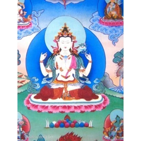 Tibeti buddhista Csenrézi tangka fotója brokát keretbe varrva