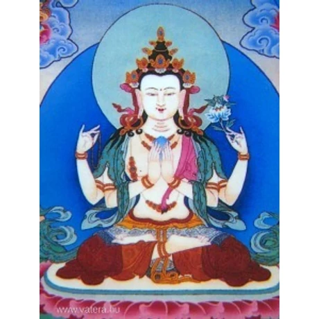 Tibeti buddhista Csenrézi tangka fotója brokát keretbe varrva