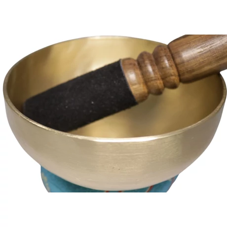 Terápiás tibeti hangtál 7 fémből bőrrel bevont fa ütővel, türkiz brokát alátéttel - videoval
