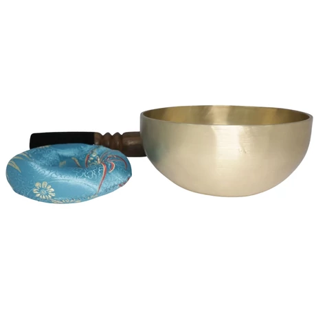 Terápiás tibeti hangtál 7 fémből bőrrel bevont fa ütővel, türkiz brokát alátéttel - videoval