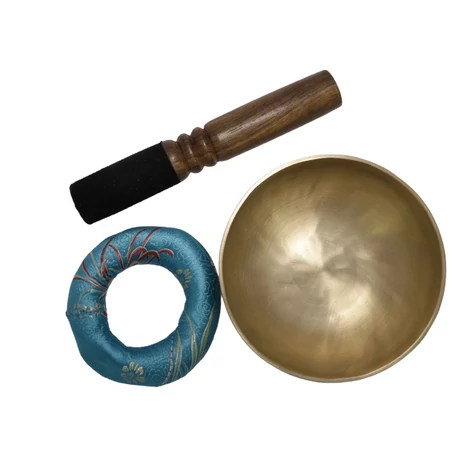 Terápiás tibeti hangtál 7 fémből bőrrel bevont fa ütővel, türkiz brokát alátéttel - videoval