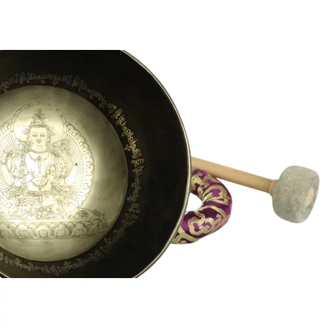 1105 grammos Csenrézivel gravírozott tibeti mantrás hangtál 7 fémből bordó brokáttal és ütővel - videoval