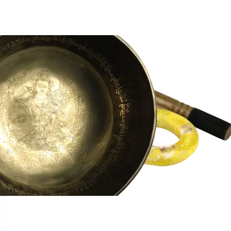 987 grammos Manjushrival gravírozott tibeti mantrás hangtál 7 fémből sárga brokáttal és filces ütővel - videoval
