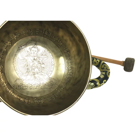 1024 grammos Manjushrival gravírozott tibeti mantrás hangtál 7 fémből fekete brokáttal és filces ütővel - videoval