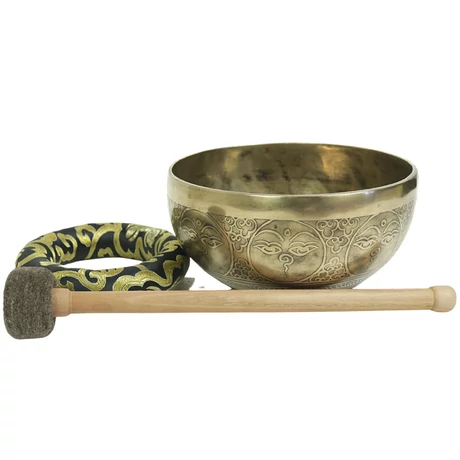 1024 grammos Manjushrival gravírozott tibeti mantrás hangtál 7 fémből fekete brokáttal és filces ütővel - videoval