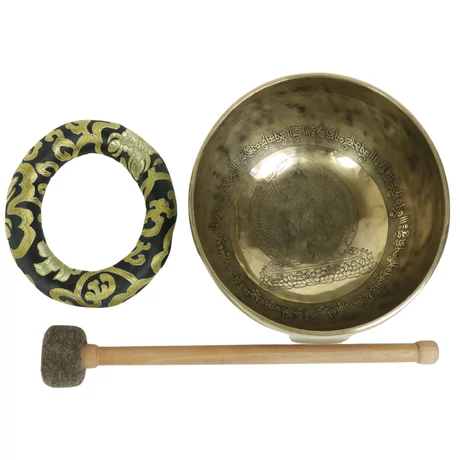 1024 grammos Manjushrival gravírozott tibeti mantrás hangtál 7 fémből fekete brokáttal és filces ütővel - videoval