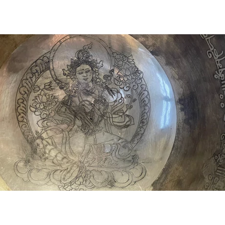 Zöld Tara tibeti mantrás hangtál 7 fémből zöld színű brokáttal és ütővel - videoval
