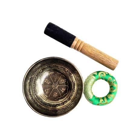 456 grammos tibeti mantrás hangtál 7 fémből zöld brokát alátéttel - videoval
