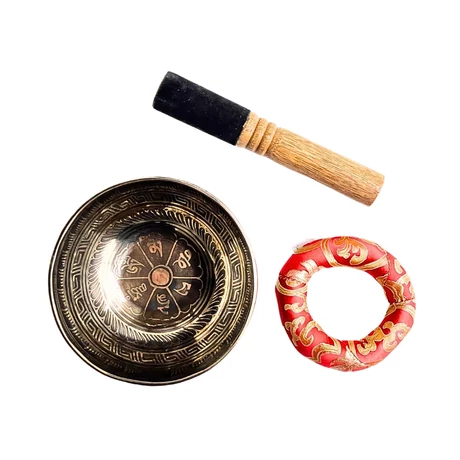 581 grammos tibeti mantrás hangtál 7 fémből piros brokát alátéttel - videoval