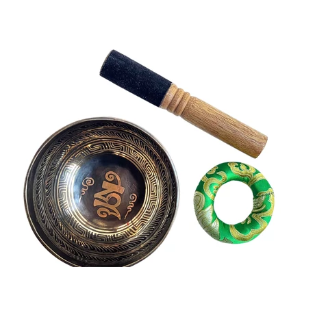 552 grammos tibeti mantrás hangtál 7 fémből zöld brokát alátéttel - videoval