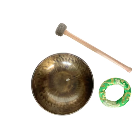 Szívcsakra tibeti hangtál zöld brokát alátéttel - videoval