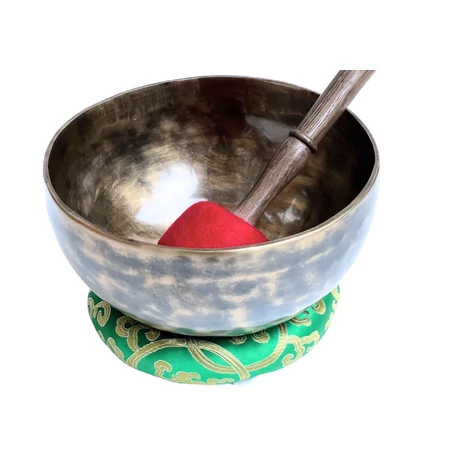 Szívcsakra tibeti hangtál zöld brokát alátéttel - videoval