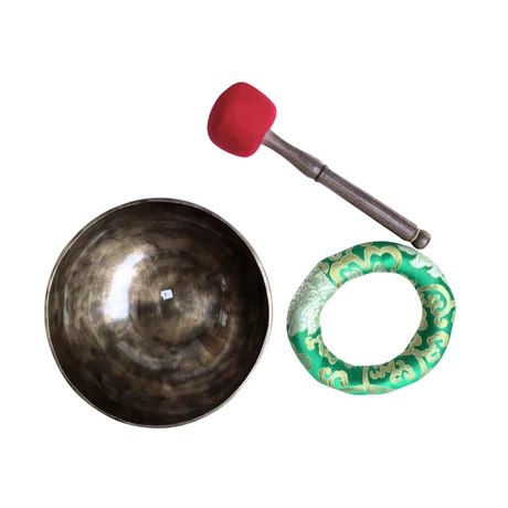 Szívcsakra tibeti hangtál zöld brokát alátéttel - videoval