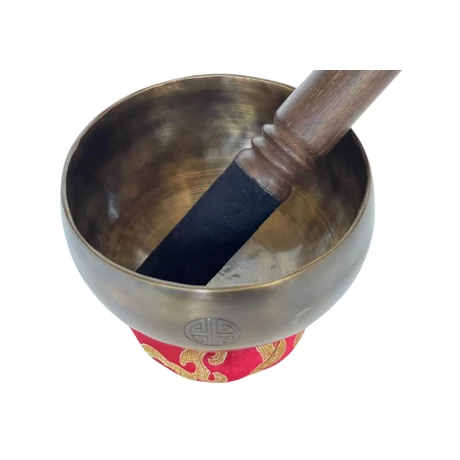 Telihold tibeti hangtál 7 fémből bőrrel bevont fa ütővel, piros brokát alátét gyűrűvel - videoval
