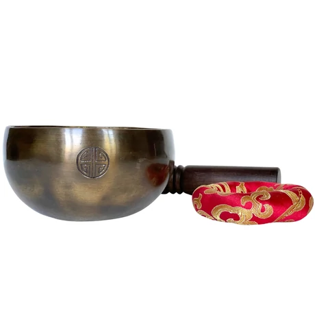 Telihold tibeti hangtál 7 fémből bőrrel bevont fa ütővel, piros brokát alátét gyűrűvel - videoval