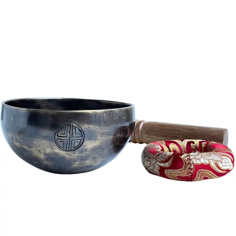 Telihold tibeti hangtál 7 fémből bőrrel bevont fa ütővel, piros brokát alátét gyűrűvel - videoval
