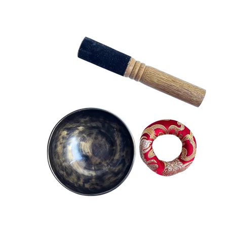 Telihold tibeti hangtál 7 fémből bőrrel bevont fa ütővel, piros brokát alátét gyűrűvel - videoval