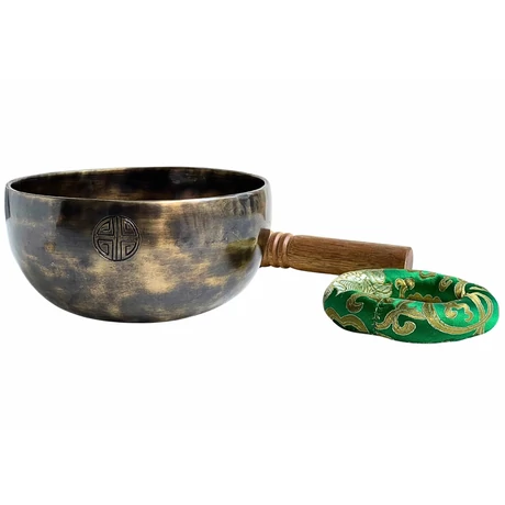 Telihold tibeti hangtál 7 fémből bőrrel bevont fa ütővel, zöld brokát alátét gyűrűvel - videoval