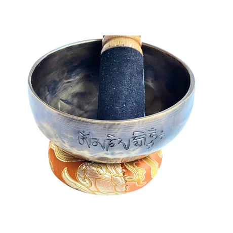 Telihold tibeti hangtál 7 fémből bőrrel bevont fa ütővel, napsárga brokát alátét gyűrűvel - videoval