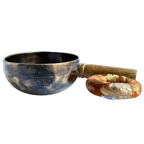 Telihold tibeti hangtál 7 fémből bőrrel bevont fa ütővel, napsárga brokát alátét gyűrűvel - videoval