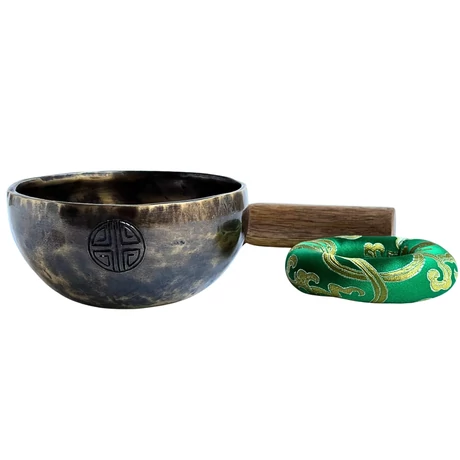 Telihold tibeti hangtál 7 fémből bőrrel bevont fa ütővel, zöld brokát alátét gyűrűvel - videoval