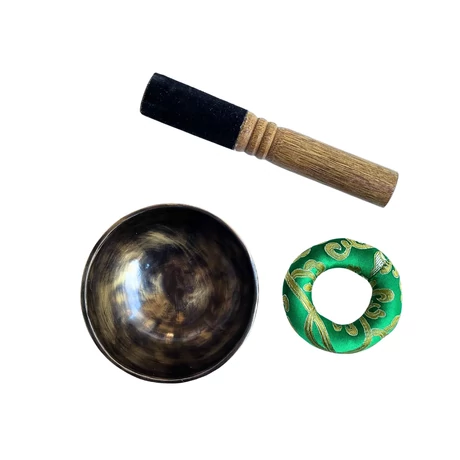 Telihold tibeti hangtál 7 fémből bőrrel bevont fa ütővel, zöld brokát alátét gyűrűvel - videoval