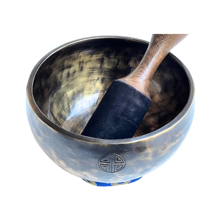 Telihold tibeti hangtál 7 fémből bőrrel bevont fa ütővel, kék brokát alátét gyűrűvel - videoval