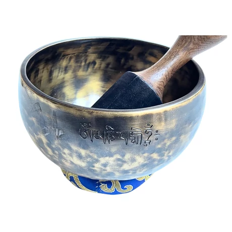 Telihold tibeti hangtál 7 fémből bőrrel bevont fa ütővel, kék brokát alátét gyűrűvel - videoval