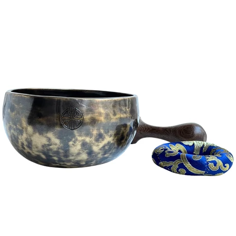 Telihold tibeti hangtál 7 fémből bőrrel bevont fa ütővel, kék brokát alátét gyűrűvel - videoval