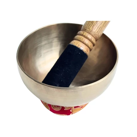 Terápiás tibeti hangtál 7 fémből bőrrel bevont fa ütővel, piros brokát alátéttel - videoval