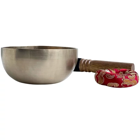 Terápiás tibeti hangtál 7 fémből bőrrel bevont fa ütővel, piros brokát alátéttel - videoval