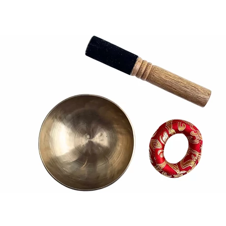 Terápiás tibeti hangtál 7 fémből bőrrel bevont fa ütővel, piros brokát alátéttel - videoval