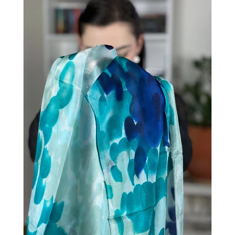 Türkiz, amazonaszöld, tengerészkék és habfehér mintás 100% valódi hernyóselyem sál 50x180cm