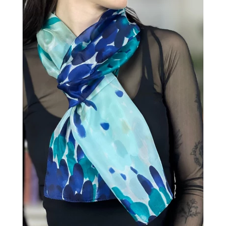 Türkiz, amazonaszöld, tengerészkék és habfehér mintás 100% valódi hernyóselyem sál 50x180cm