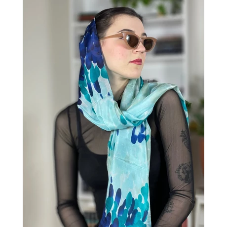 Türkiz, amazonaszöld, tengerészkék és habfehér mintás 100% valódi hernyóselyem sál 50x180cm