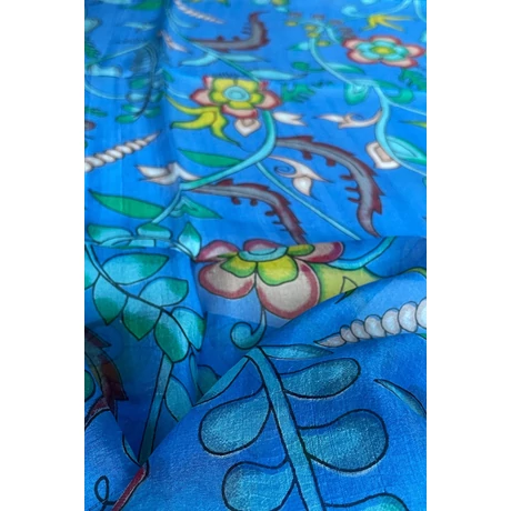 Pávakék alapon virágmintás 100% valódi hernyóselyem sál 50x180 cm