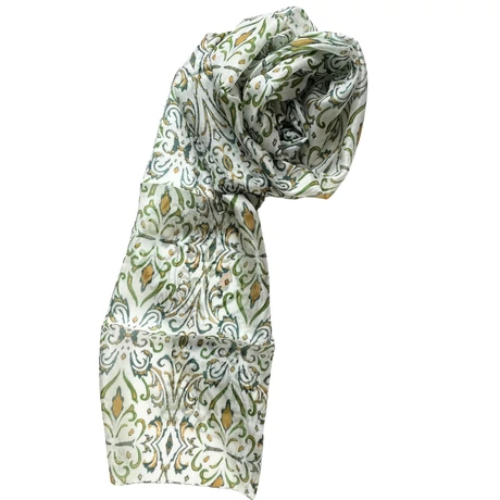 Hermelinfehér alapon szaharasárga és angolzöld mintás 100% valódi hernyóselyem sál 50x180 cm